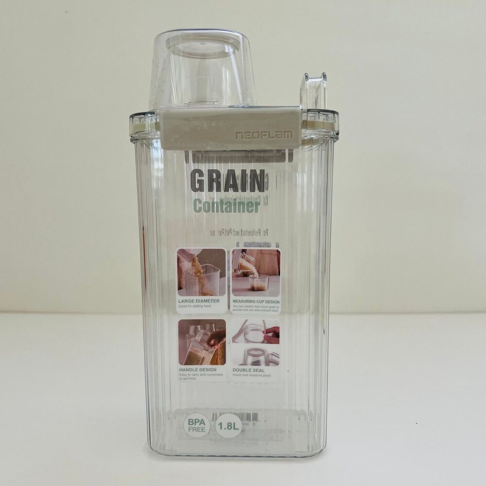 NEOFLAM Clear Plastic Grain Canister Storage Container W Measuring Cup Lid- 1.8L